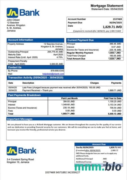 Jamajka Bank Narodowy (JN Bank) wyciąg z kredytu hipotecznego szablon Word i PDF